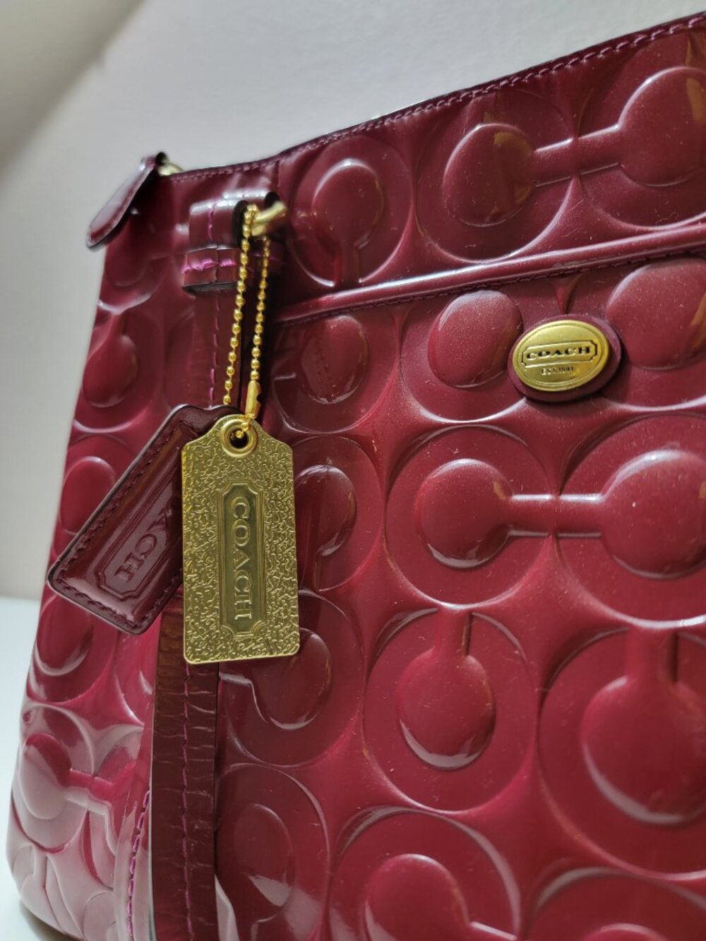 Coach Peyton Op Art Patent Leather Jordan Carryall Passion Berry Red Satchel - Picture 3 of 12